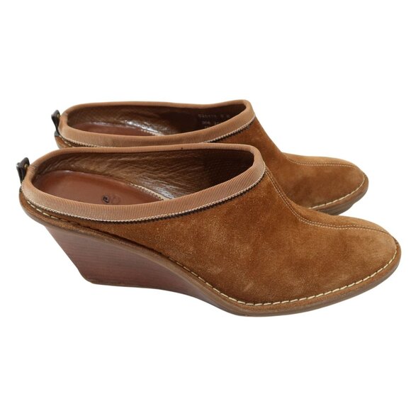 COLE HAAN Cognac Suede Wedge Wooden 3" Heel Mules Shoes Size 8B Slip On Casual - Picture 3 of 10